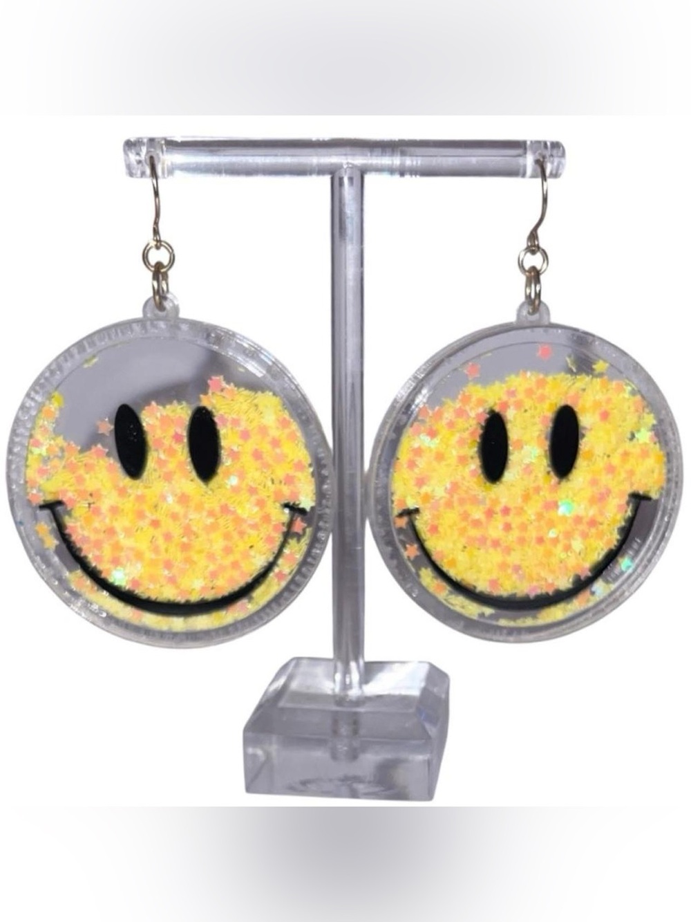 Yellow glittery smiley face earrings